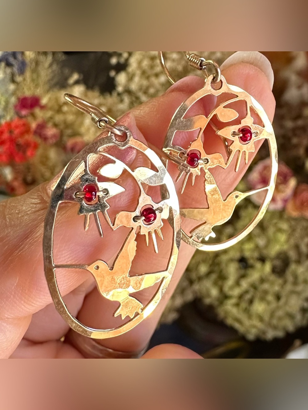 Signed Vintage Wild Bryde Gold-plated Hummingbird Dangle Earrings
